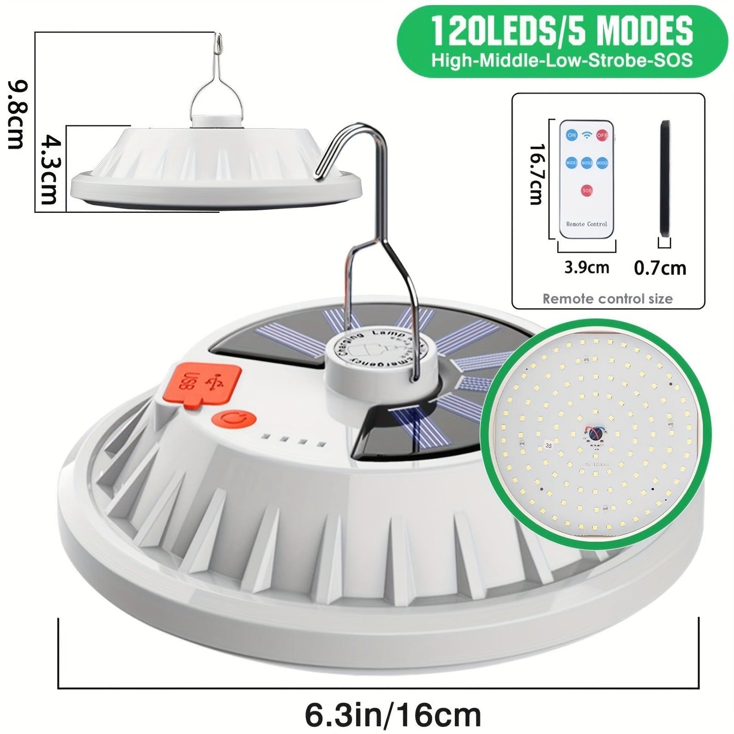 Solar Camping Lantern Two-Pack with Remote Control, 120 LEDs, Five Light Modes, USB Charging and Hanging Hooks