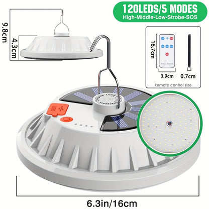 Solar Camping Lantern Two-Pack with Remote Control, 120 LEDs, Five Light Modes, USB Charging and Hanging Hooks
