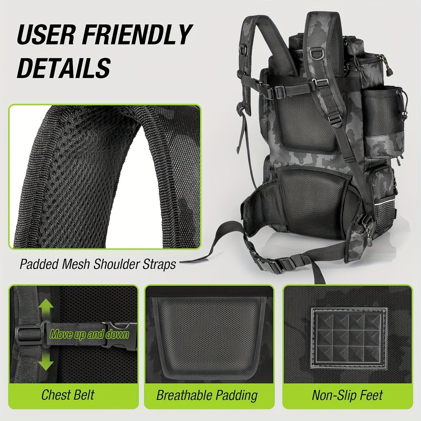 Large Fishing Tackle Bag with 4 Tackle Boxes – 43L Backpack with Rod Holder, Detachable Waist Pack & Gear Storage for Men Women | Black