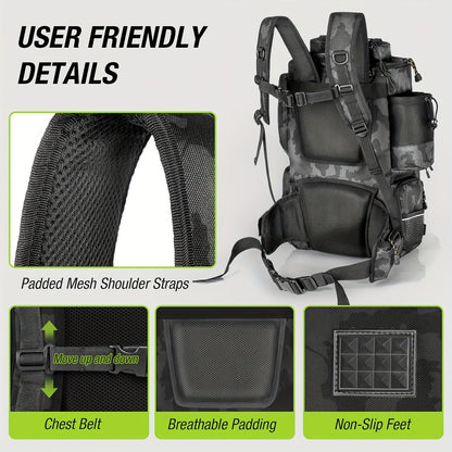 Large Fishing Tackle Bag with 4 Tackle Boxes – 43L Backpack with Rod Holder, Detachable Waist Pack & Gear Storage for Men Women | Black