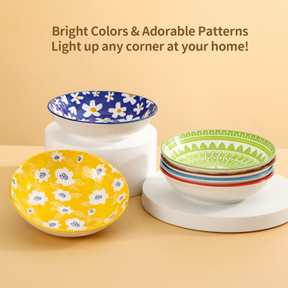 Ceramic Cat Bowls Set of 6 – Shallow Wide Cat Food Plate Whisker Friendly with Non-Slip Mat, Fairy Tales Colorful Design