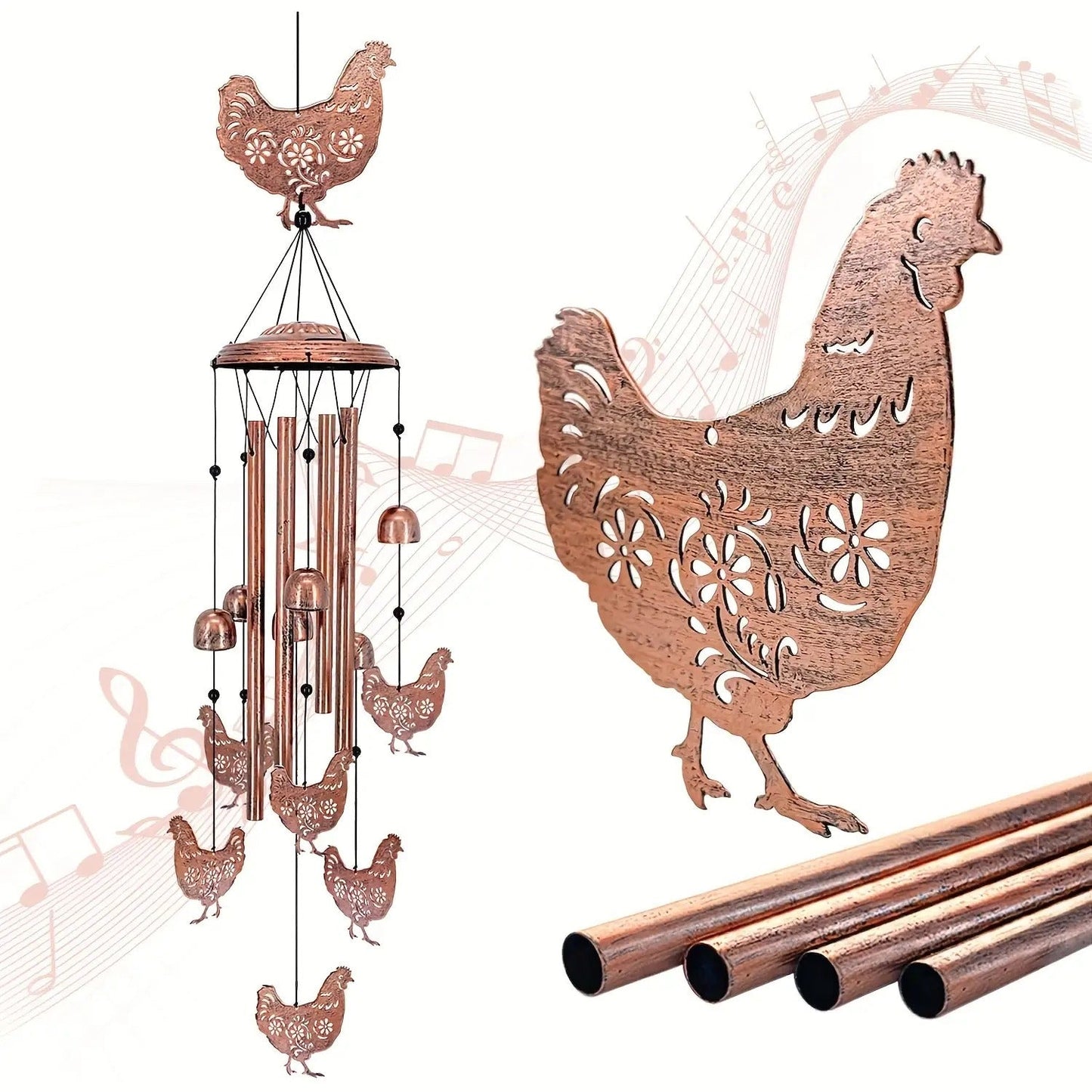 Wind Chime Outdoor Chicken Farmhouse Decor – Aluminum Tube Soothing Sound Garden Porch Patio Hanging Ornament