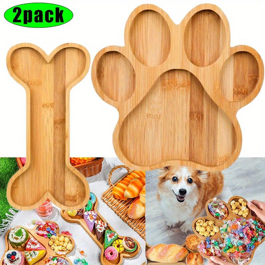 Bamboo Pet Food Bowl Set – Paw & Bone Shaped Wooden Serving Tray with 5-Compartment Snack Platter, Natural Charcuterie Board for Dogs
