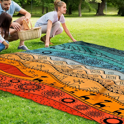 205 x 198cm Picnic Blanket with Orange, Aqua and Black Bohemian Animal Print and Matching Zip Carry Bag