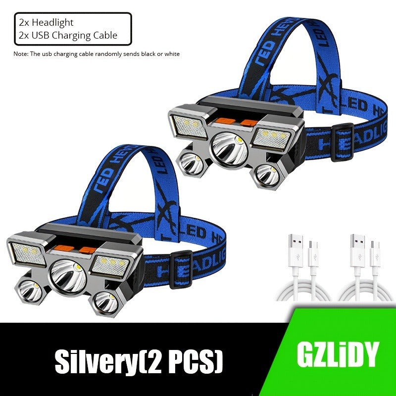 Two-Pack Rechargeable Headlamps with Five LEDs, Four Modes, 90° Tilt, IP44 Marking and Two USB Cables