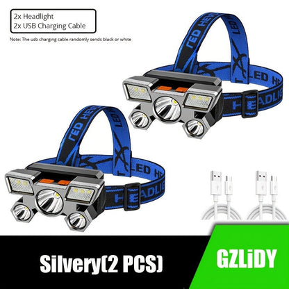 Two-Pack Rechargeable Headlamps with Five LEDs, Four Modes, 90° Tilt, IP44 Marking and Two USB Cables