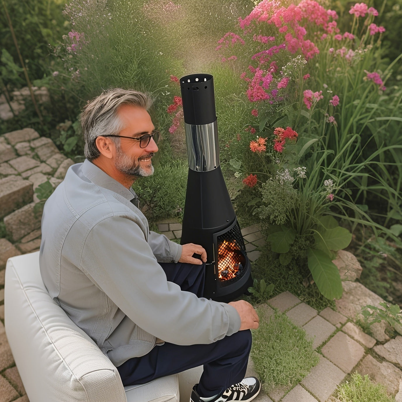 Outdoor Fire Pit Heater with Chimney Design 45-Inch Sitting Height Wood Burning Patio Stove with Mat