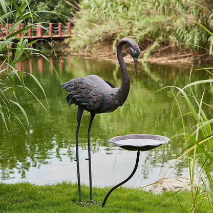 36-Inch Crane Sculpture Bird Bath Set with Separate 12.6-Inch Basin and Garden Stakes for Yard Decor