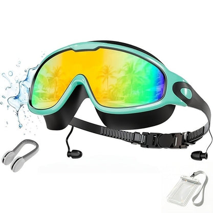 Anti-Fog Swimming Goggles Wide View UV Protection Swim Goggles for Adults Men Women Youth – Mirrored Lens with Earplugs Nose Clip