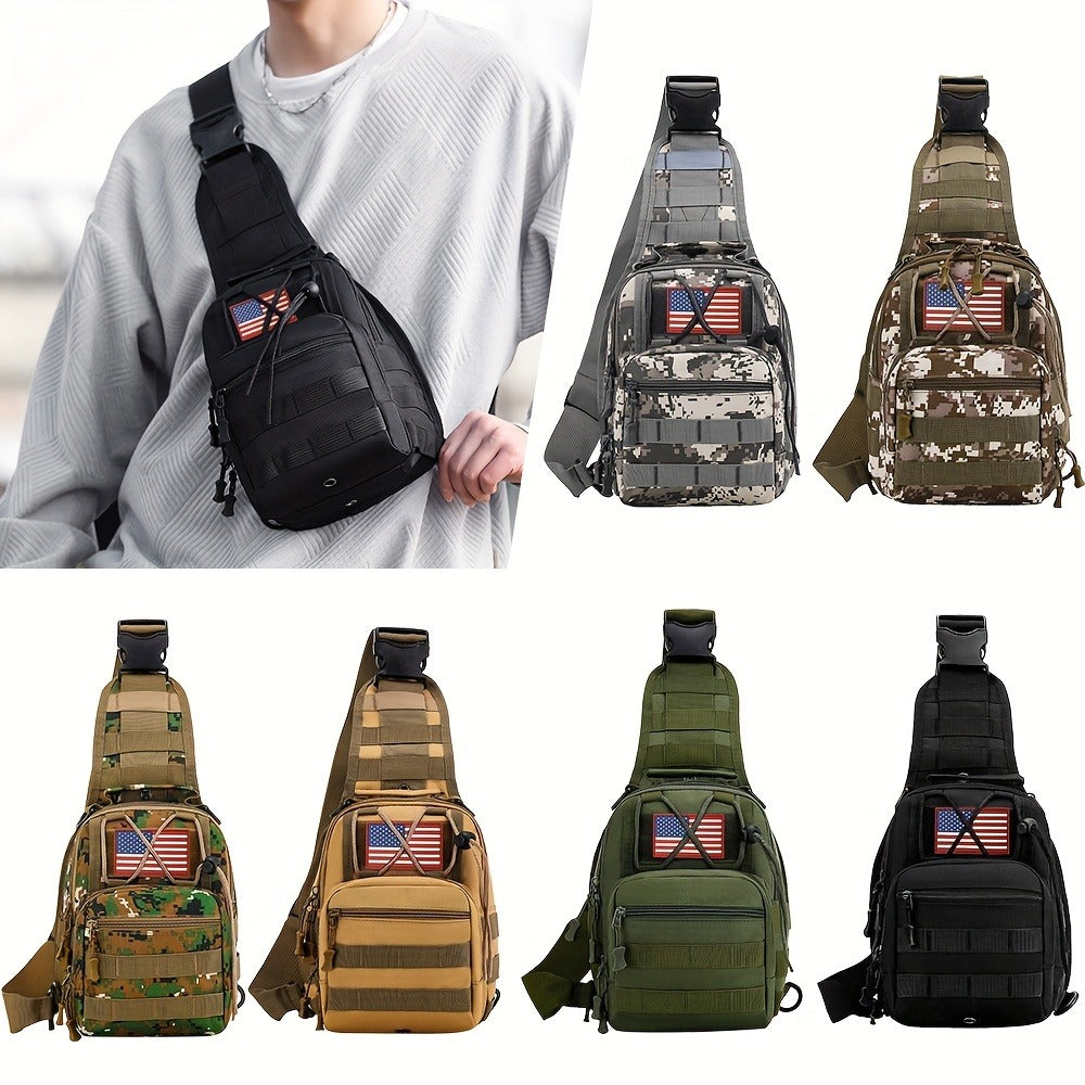 Compact Tactical Sling Backpack with Flag-Patch and Camo Options across Six Complete Checkout Styles