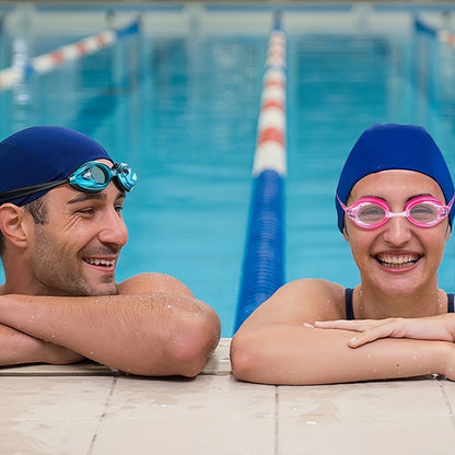 Blue and Pink Swimming Goggles with Rounded Lens Frames, Dual Split Head Straps and One Indoor Style Option