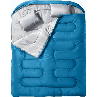Double Sleeping Bag XL with Pillow for Two Adults – 2-Person Couple Sleeping Bag for Year-Round Camping, Hiking & Backpacking in Cold & Warm