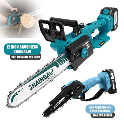 Cordless Brushless Chainsaw with 6- or 12-Inch Bar, One- or Two-Battery Kits in Purple, Green, Teal or Yellow