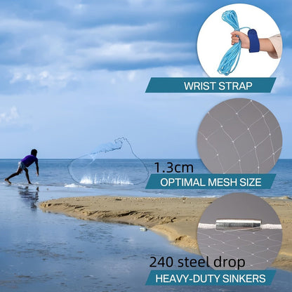 Fishing Cast Net 8FT 10FT with Real Zinc Sinker Weights, Nylon Monofilament Mesh 1.3cm, Heavy Duty Saltwater Bait Trap Net Easy Throw