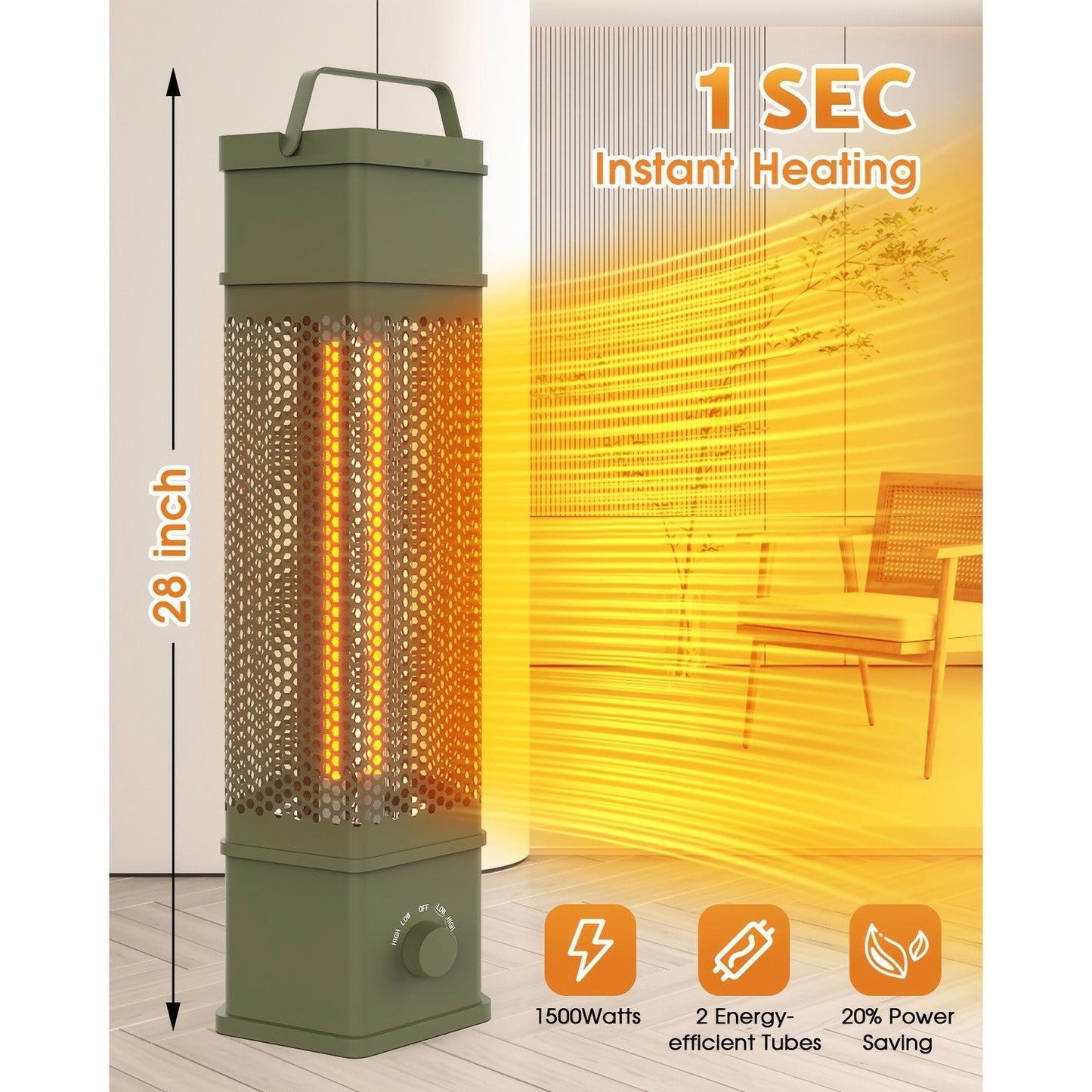 Electric Patio Heater 1400W 28", All-Around Radiant Heating with Tip-Over & Overheat Protection