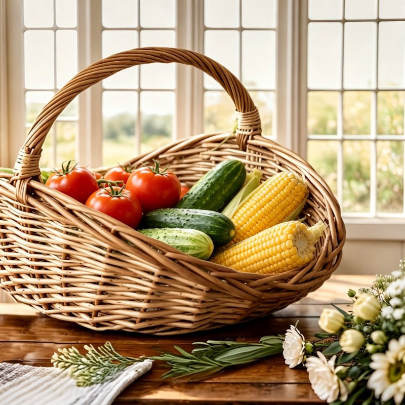 Natural Wicker Storage Basket with Thick-Wall Oval Design for Flowers, Produce and Farmhouse Display