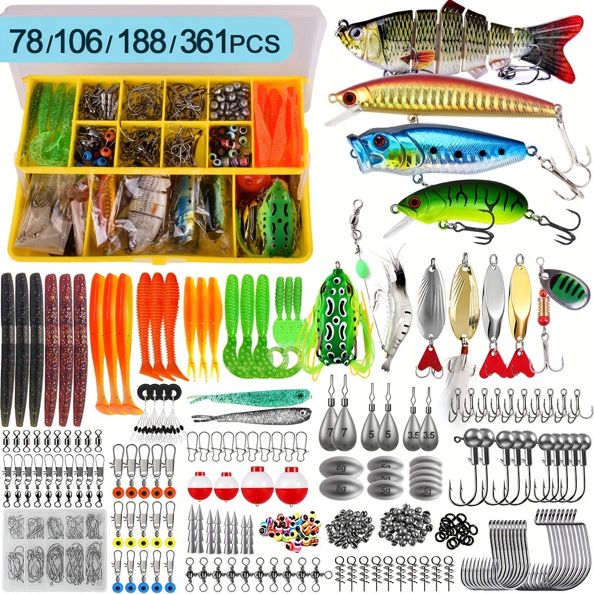 Fishing Lures Kit 78/106/188/361pcs Complete Freshwater Tackle Set with Spoon Lures Soft Plastic Worms Crankbaits Jig Hooks Tackle Box