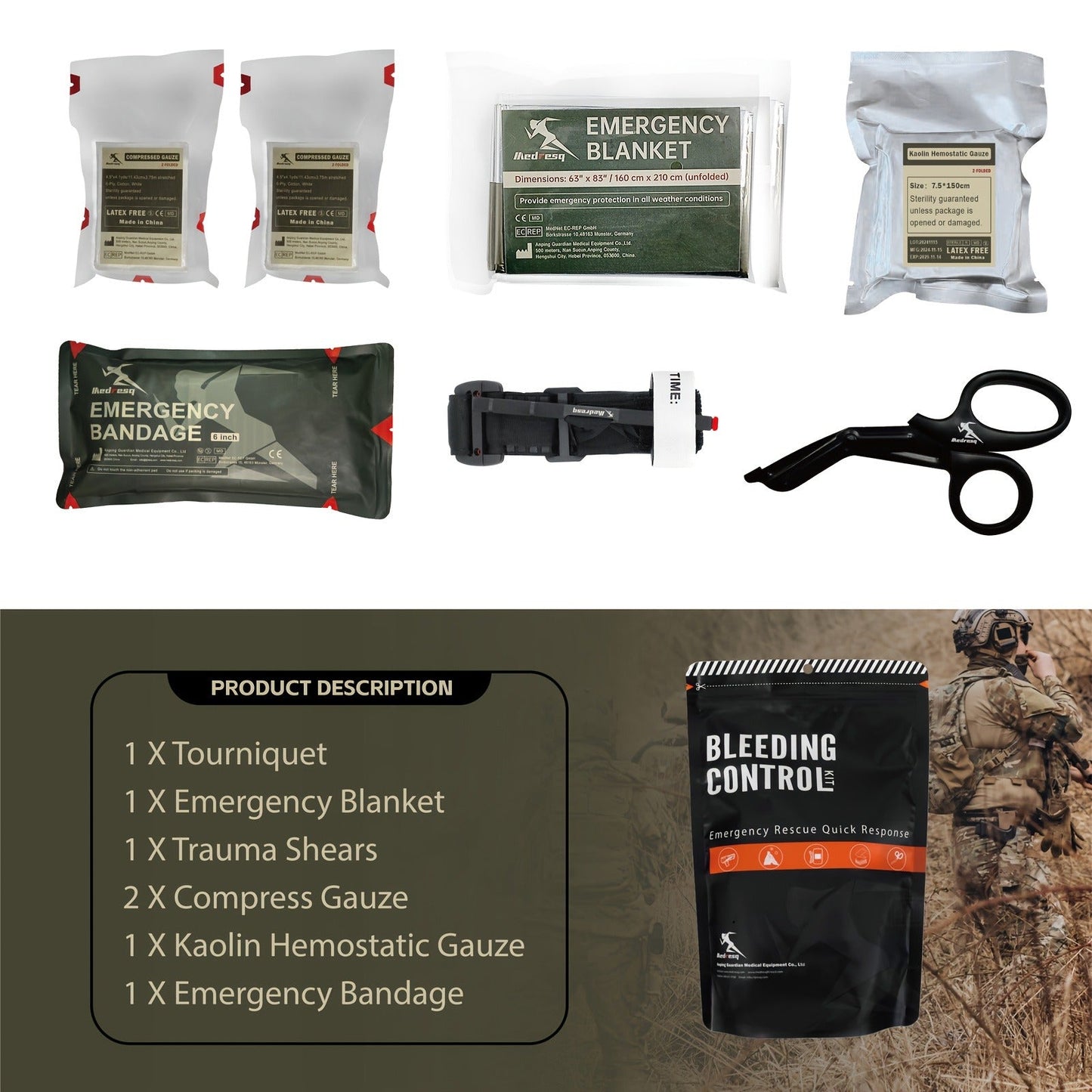 Six-Item IFAK First Aid Kit with Black Carry Pouch, Strap, Blanket, Shears, Gauze and Bandage Packets