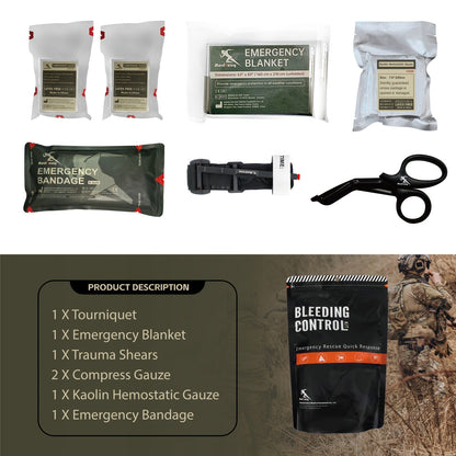 Six-Item IFAK First Aid Kit with Black Carry Pouch, Strap, Blanket, Shears, Gauze and Bandage Packets
