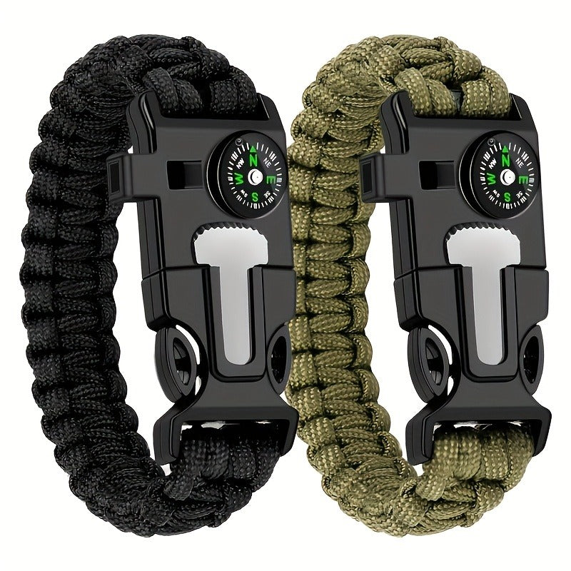 Paracord Survival Bracelet 2-Pack – 5-in-1 Tactical Emergency Bracelet with Fire Starter, Compass, Loud Whistle & Scraper
