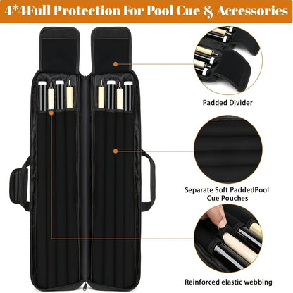 Pool Cue Case 4x4 – Billiard Cue Bag Holds 4 Butts & 4 Shafts, Hidden Backpack Strap, Large Front Accessory Pockets