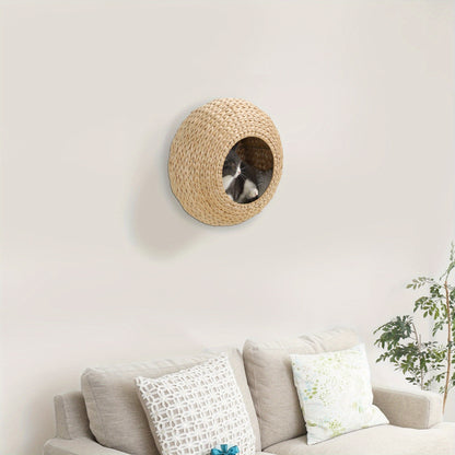 Cat Wall Furniture Wall Mounted Cat Condo – Natural Wood Cat Wall Shelf with Washable Cushion, Space-Saving Indoor Cat Perch for Cats