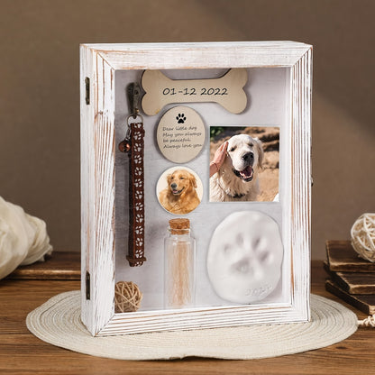 Pet Memorial Shadow Box 8x10 Wood Frame Display Case with Paw Print Kit Small Bottle & Pins, Dog Cat Urn Ashes Keepsake Box for Loss Pet