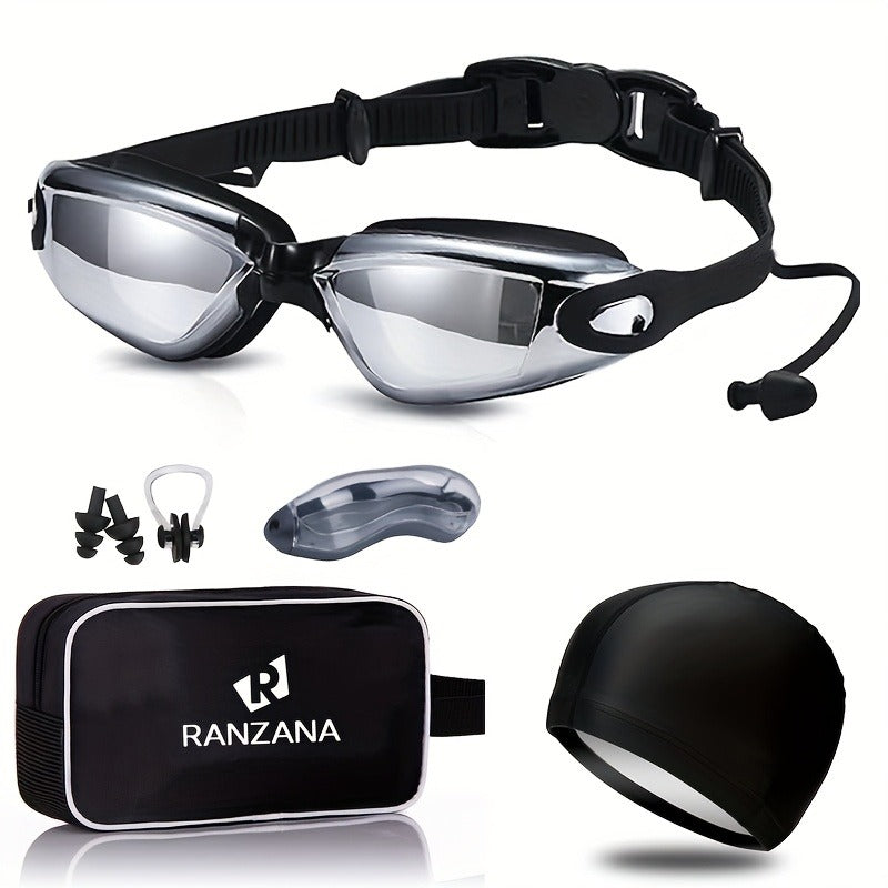 Anti-Fog Racing Swim Goggles Set 6-in-1 – HD UV Protection Silver Coated PC Lens, Waterproof PU Swim Cap, Nose Clip, Earplugs