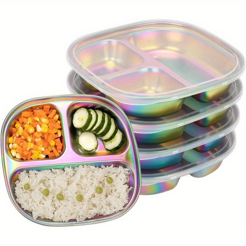 Divided Plates Stainless Steel Set of 4 with Lids – Kids Adults Portion Control Trays, for Home Cooking, Dining and Outdoor Meals