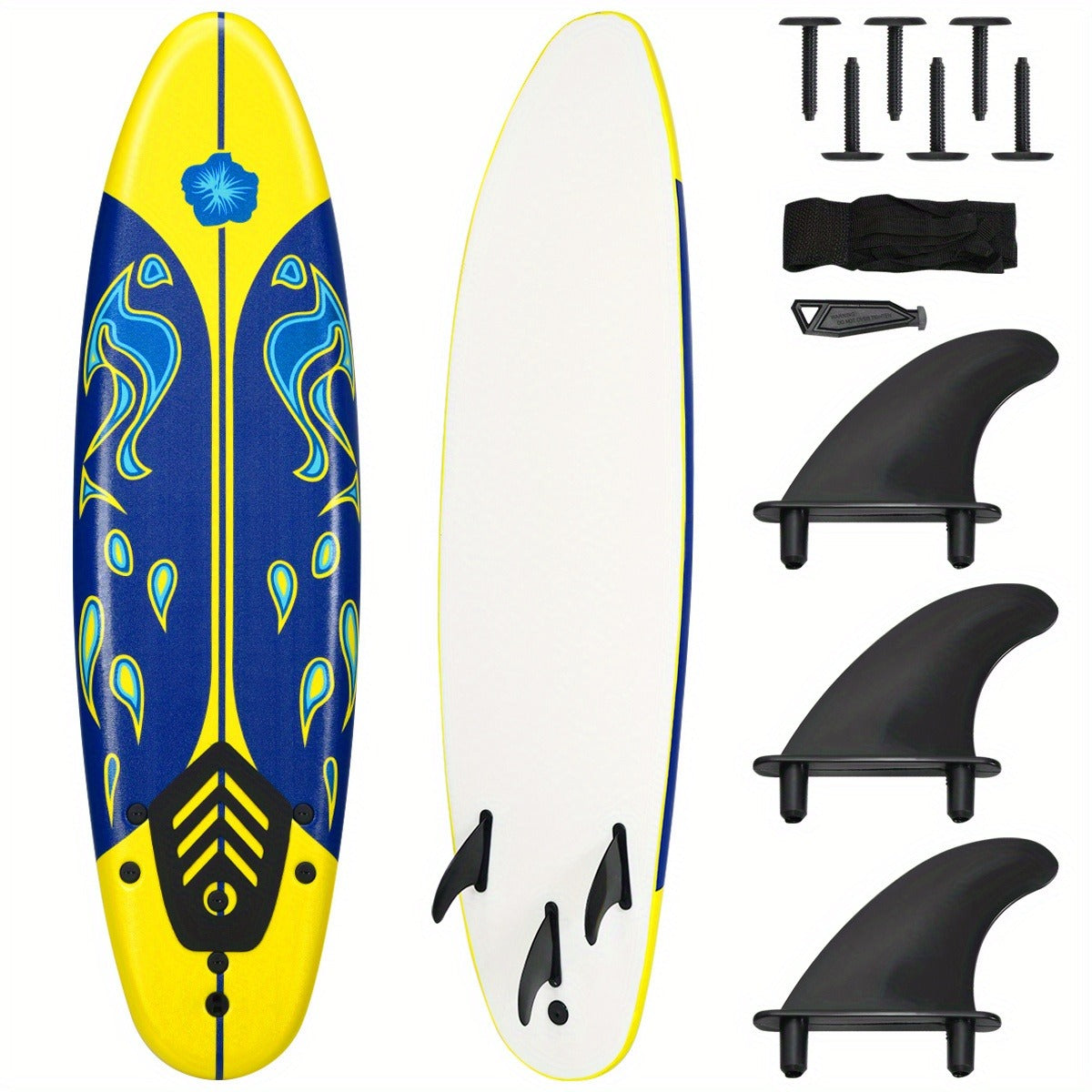 Foam Surfboard 6ft Beginner Surfboard EPE Deck EPS Core 3 Detachable Fins Safety Leash 200lbs for Kids Adults Ocean Beach River Pool Yellow
