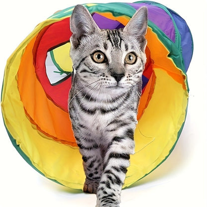 Collapsible Cat Tunnel Toy – Foldable S-Shaped & 3-Way Tube with Ball & Peek Holes, Rainbow Colors, Connectable Cat Play Tunnel for Indoor