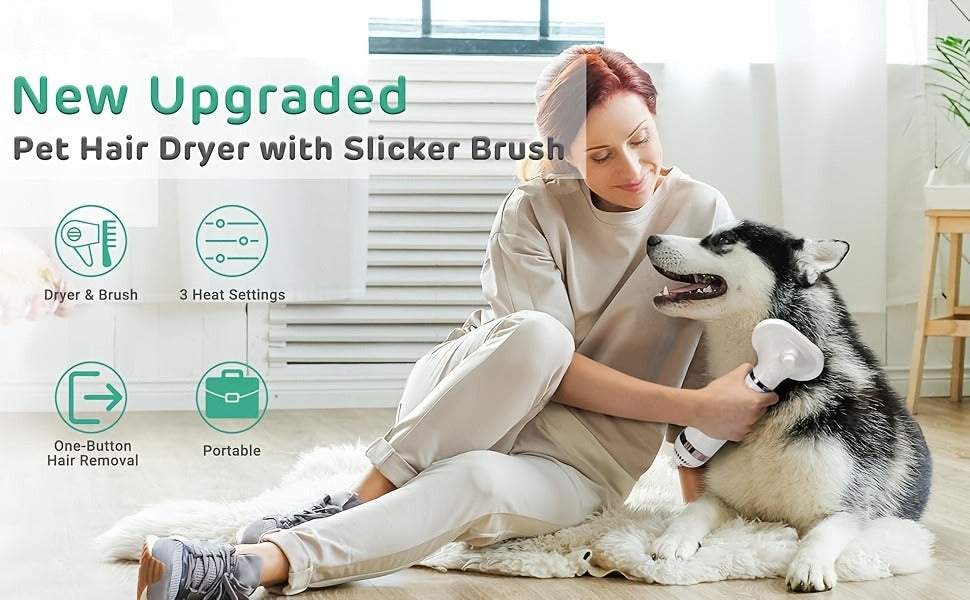 Pet Hair Dryer 2-in-1 with Self-Cleaning Slicker Brush – Portable Dog Blow Dryer for Dogs & Cats, 3 Temperature Settings, Low Noise