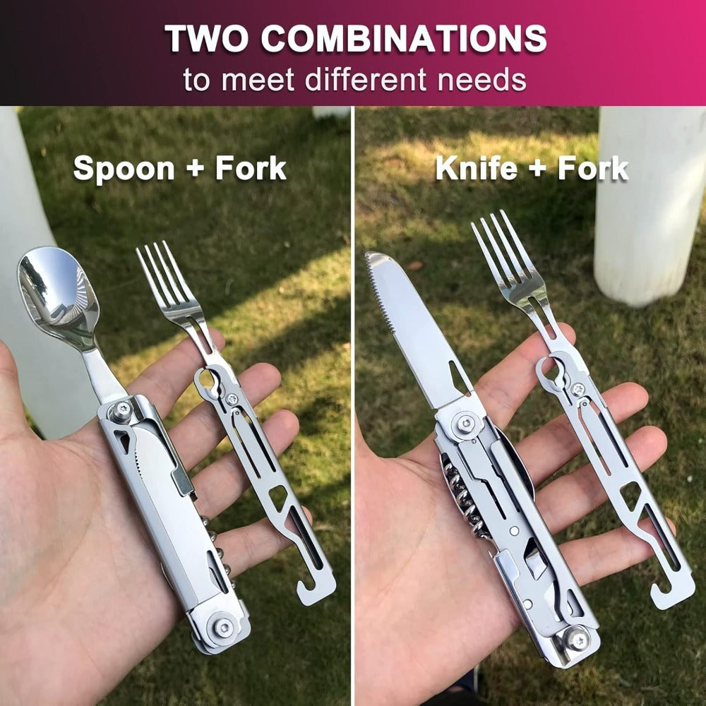 Portable Travel Cutlery Set – Removable Spoon, Fork & Knife with Bottle Opener – Compact Stainless Steel Utensils for Camping, Hiking