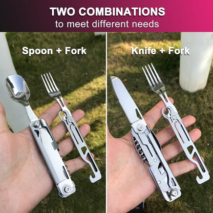 Portable Travel Cutlery Set – Removable Spoon, Fork & Knife with Bottle Opener – Compact Stainless Steel Utensils for Camping, Hiking