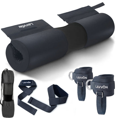Barbell Squat Pad Set with Wrist Straps & Ankle Straps – Thick Anti-Slip Foam Bar Pad for Hip Thrusts, Squats & Lunges