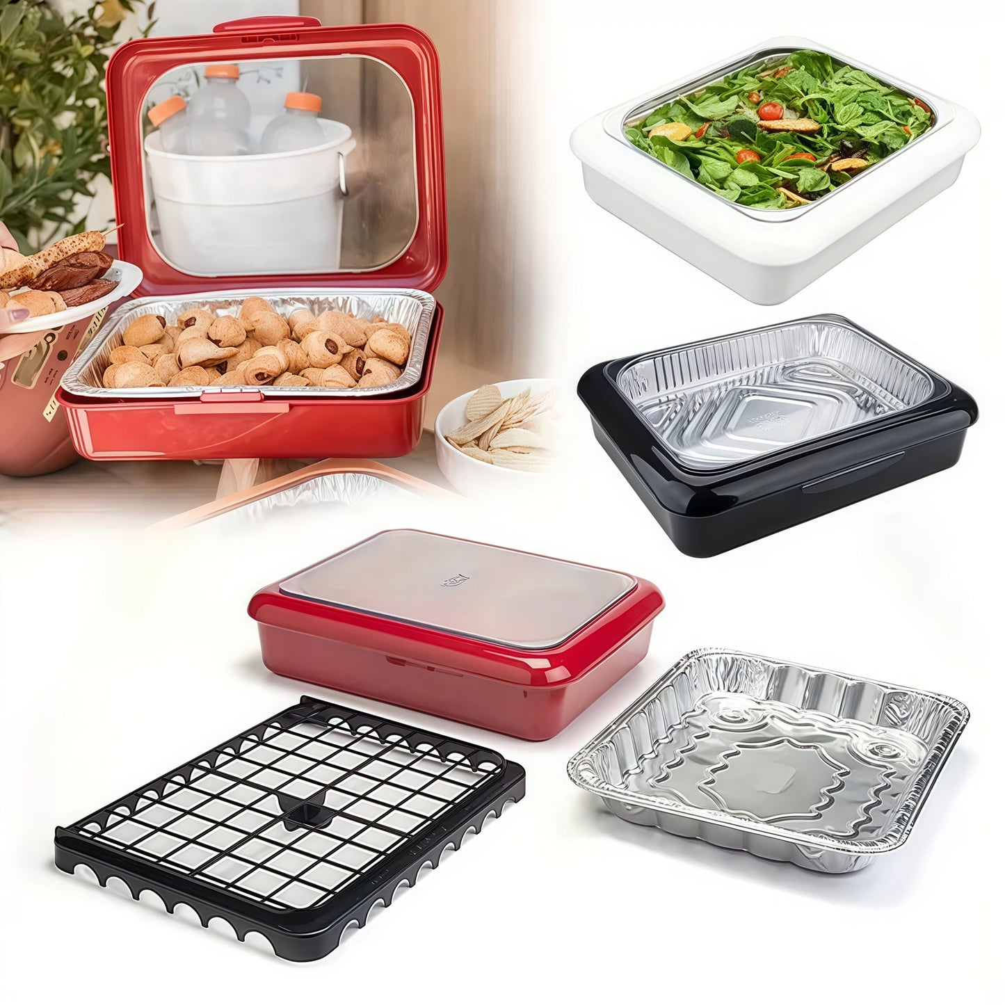 Foil Pan Carrier with Lid 2 in 1 Stackable Food Storage Set BPA Free Dishwasher Safe Portable Casserole Holder for Potluck BBQ Picnic