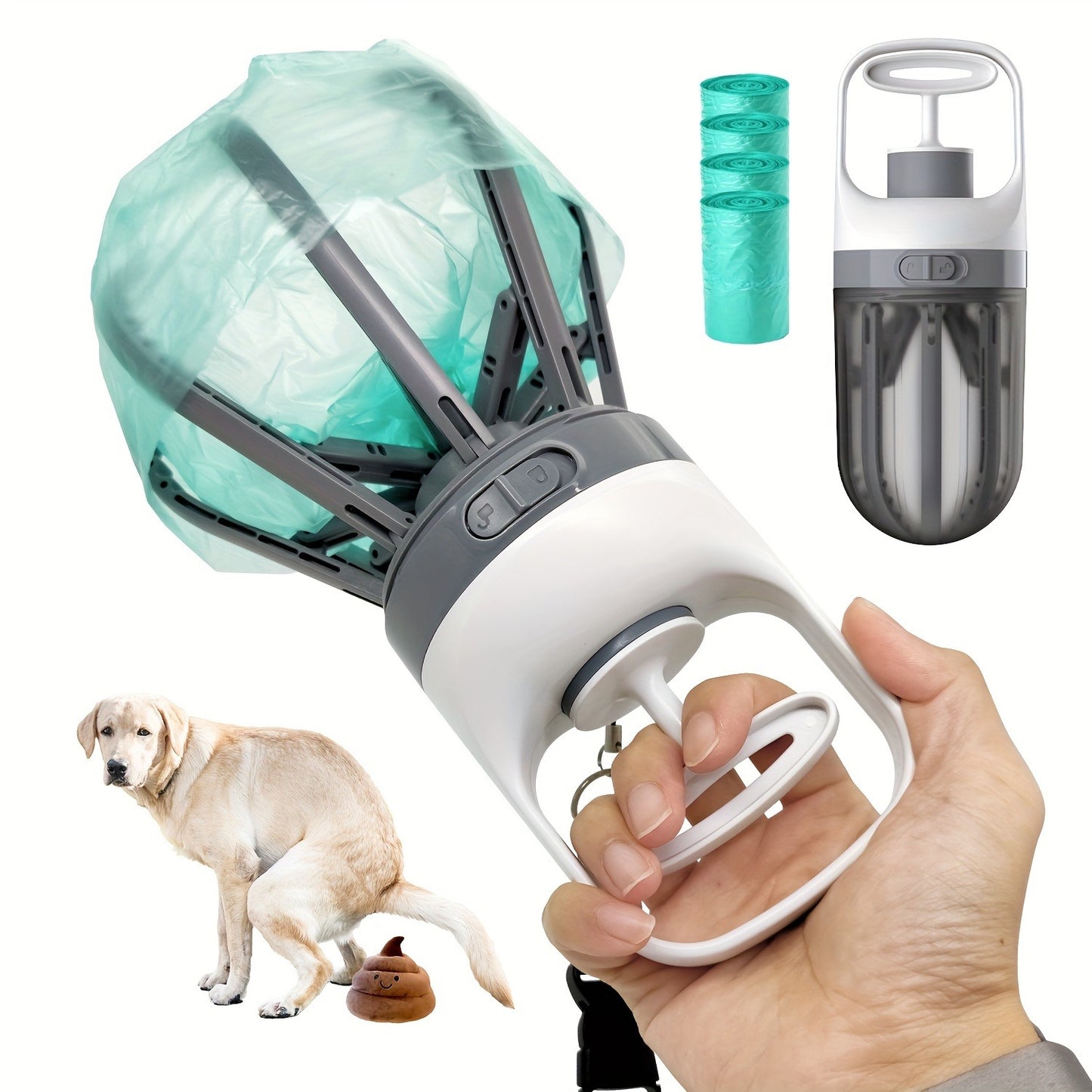Dog Pooper Scooper No-Touch 2-in-1 with 75 Waste Bags & Wide Claw Attachment – Portable Hands-Free Hygienic Waste Pick-Up System