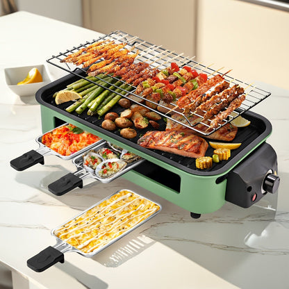 Indoor Smokeless Electric Grill 1500W Non-Stick Raclette Table Grill with Removable Plate & 3 Mini Pans Compact BBQ Griddle