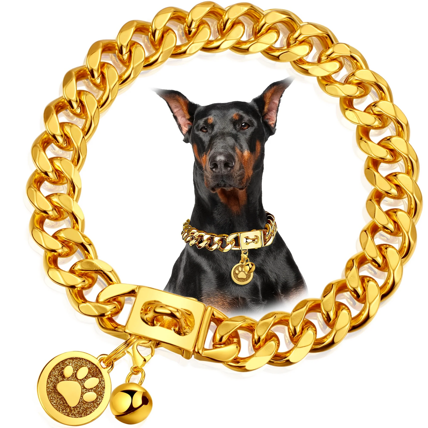 Gold-Color Cuban Link Dog Chain Collar with Paw and Bell Charms in Six Lengths from 16 to 26 Inches