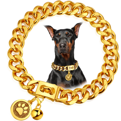 Gold-Color Cuban Link Dog Chain Collar with Paw and Bell Charms in Six Lengths from 16 to 26 Inches