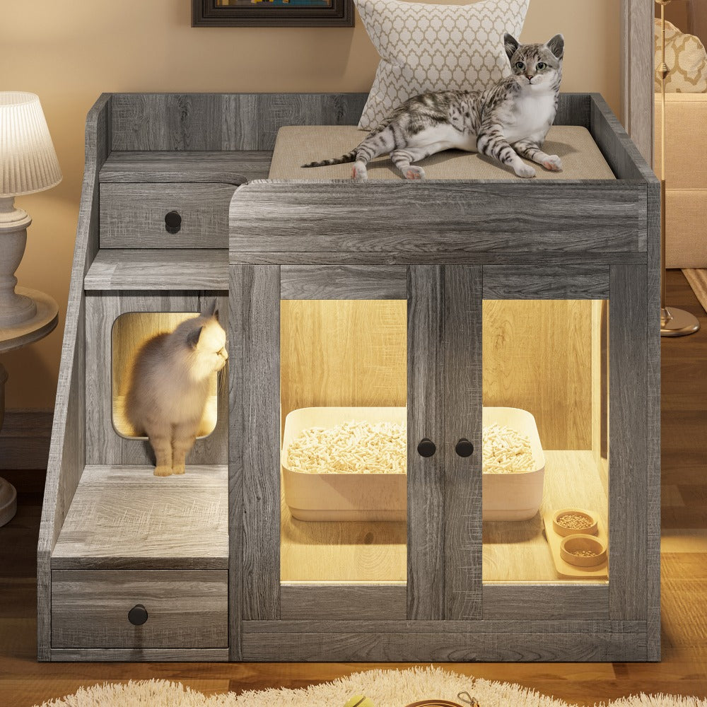 Cat Litter Box Enclosure Furniture Hidden Cabinet with LED Light & 2 Drawers – MDF Indoor Cat House Side Table with Acrylic Door