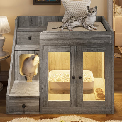 Cat Litter Box Enclosure Furniture Hidden Cabinet with LED Light & 2 Drawers – MDF Indoor Cat House Side Table with Acrylic Door