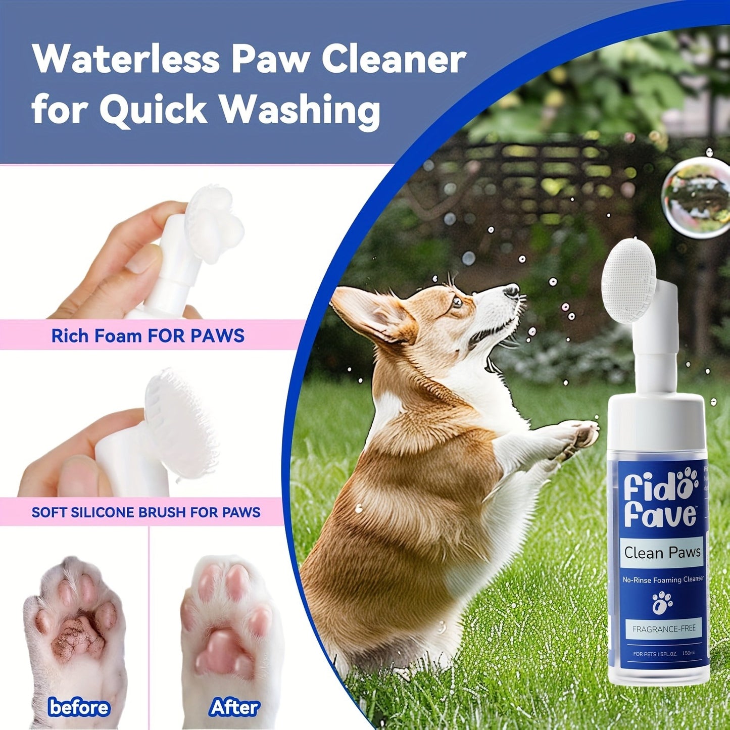 Dog Paw Cleaner No-Rinse with Soft Brush – pH Balanced Paw Wash for Dogs & Cats, 5oz Gentle Grooming Cleanser in Lavender Chamomile