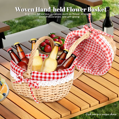 Large Wicker Picnic Basket with Split Lid, Central Carry Handle and Red Checkered Textile Lining
