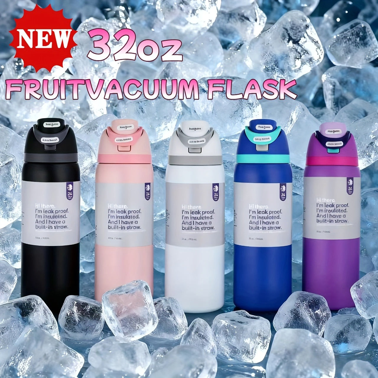 32oz Stainless Steel Water Bottle with Flip-Up Drinking Spout, Cleaning Brush and Five Solid Colors