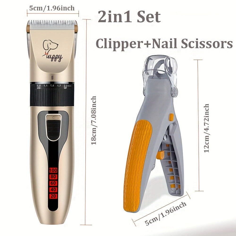Pet Hair Trimmer Kit 2-in-1 with LED Nail Clipper – 12-in-1 Cordless Quiet Electric Clippers for Dogs & Cats, USB Rechargeable