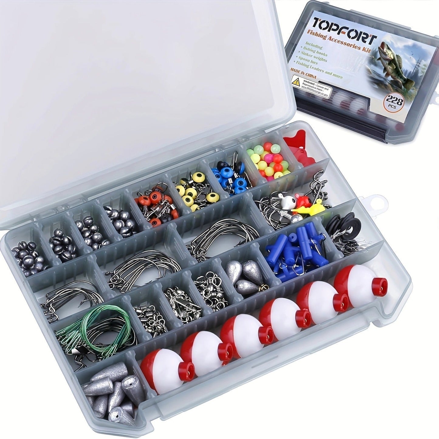 Fishing Accessories Kit 228 Piece Complete Fishing Set with Tackle Box Hooks Sinkers Swivels Lures Essential Gear for Freshwater Saltwater