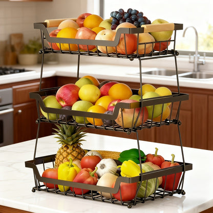 Tiered Fruit Basket Kitchen Organizer with Banana Hook, Removable 2 or 3 Metal Baskets and Wood Handle