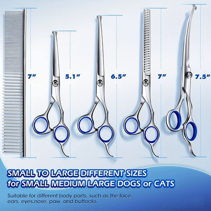 Dog Grooming Scissors Set 6-in-1 Titanium Coated Stainless Steel Pet Shears Safety Round Tip for Dogs Cats Universal Hand Orientation