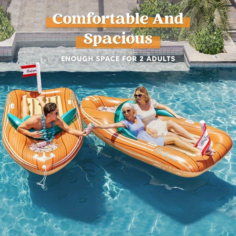 Pool Float Boat-Shaped Two-Person Raft, Over Eight Feet with Built-In Cooler, Two Handles and Tow Point